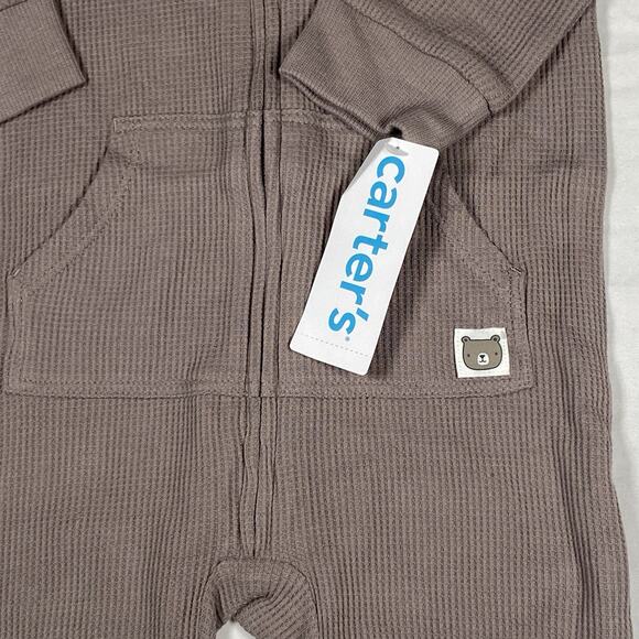 Carter's Baby One Piece Jumpsuit Size 18M Zip-Up Hooded Waffle Knit Brown Ears - Picture 3 of 6